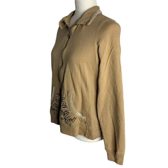 Twisted Heart Beaded Full Zip Sweatshirt M Beige Long Sleeves Pockets Stretch - Picture 4 of 8